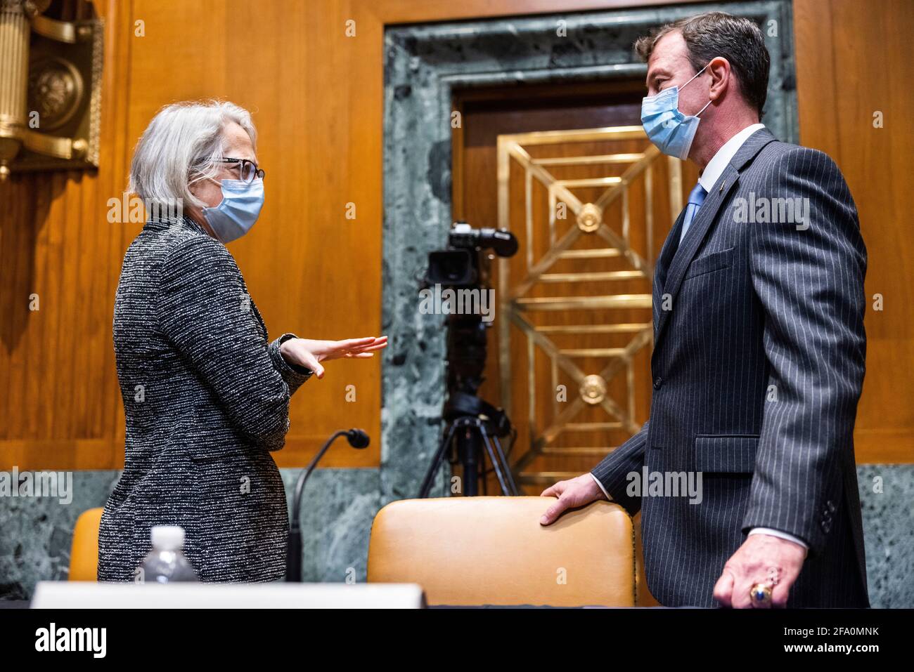 Washington Dc Usa 21st Apr 21 United States Senate Sergeant At Arms Karen Gibson L Speaks With Architect Of The Us Capitol J Brett Blanton R Prior To Testifying Before A Senate