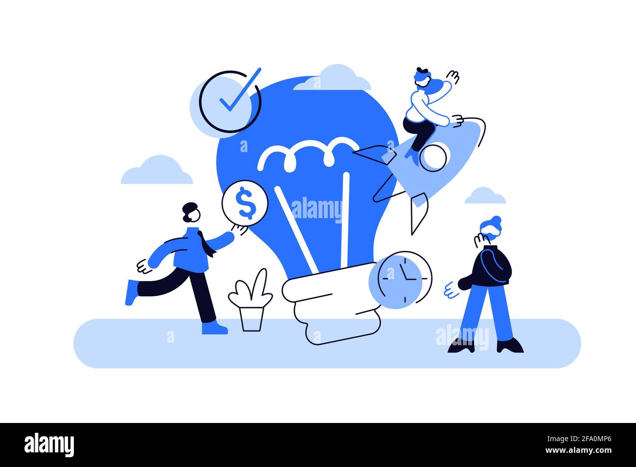Vector art with lightbulb and positive cartoon characters Stock Vector