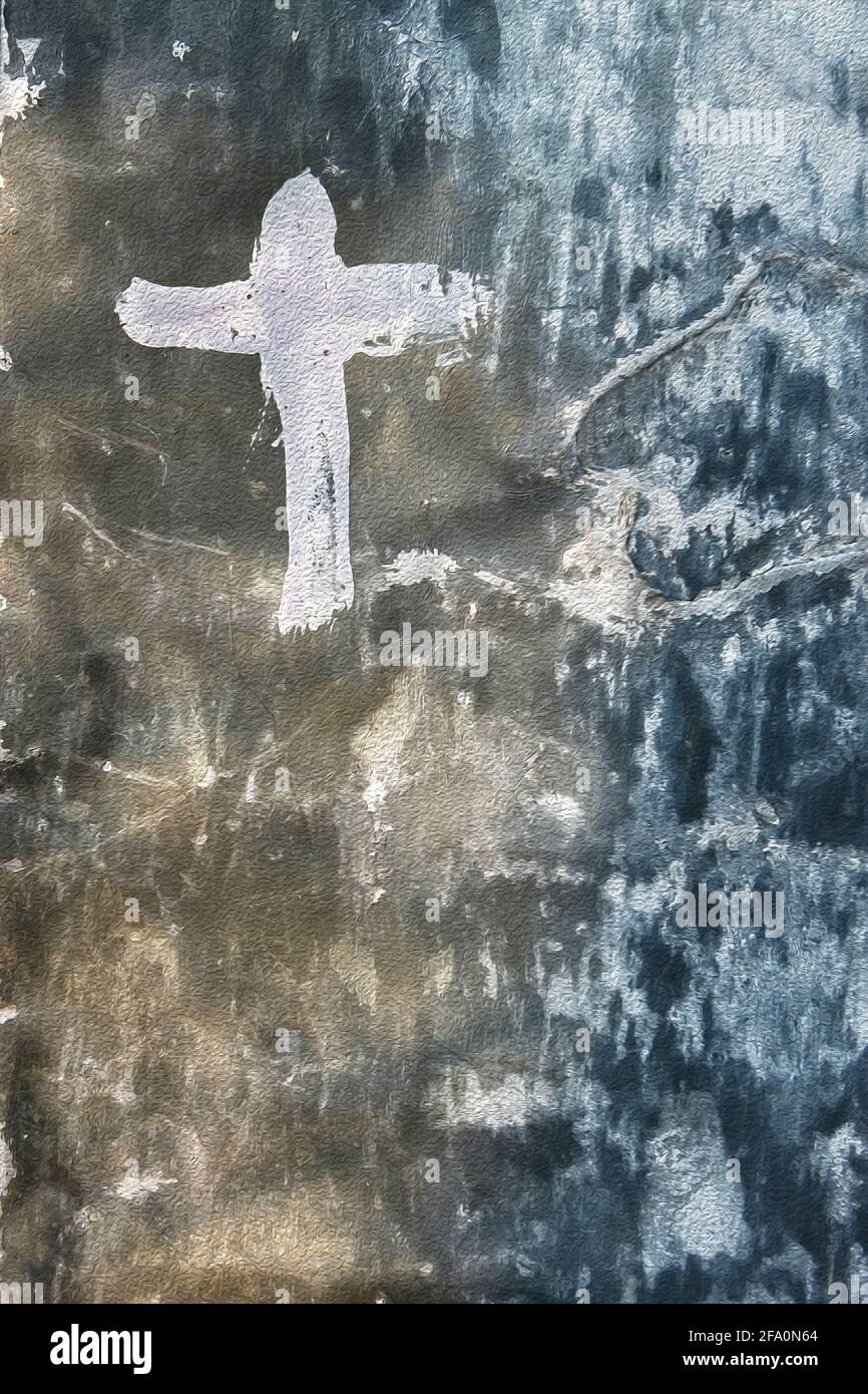 Metal surface is covered with paint layers. The Cross pictured on an old painted metal surface. Stylized artwork Stock Photo