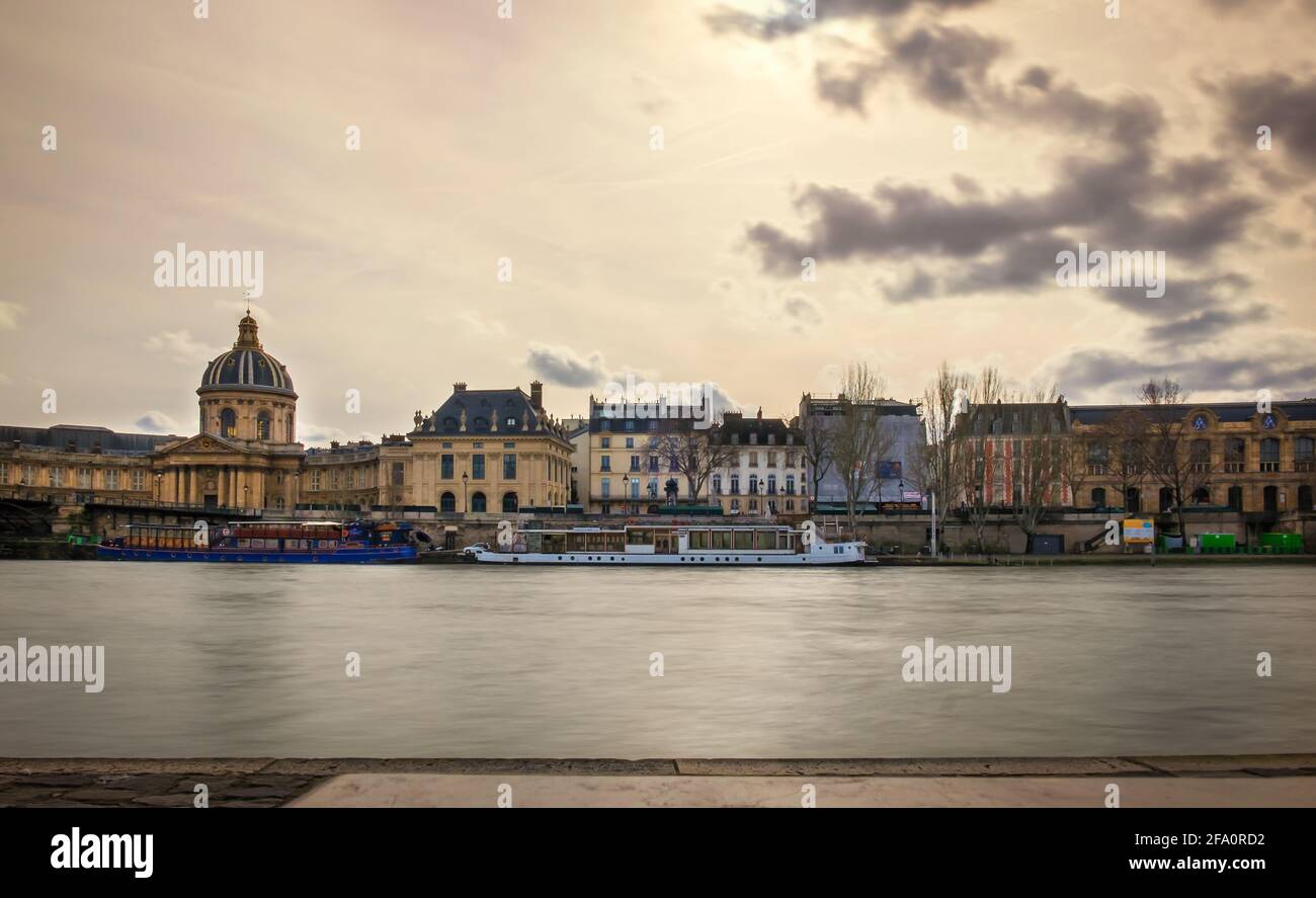 Paris, France, Feb 2020, view of the Left Bank by the Academie Francaise Stock Photo