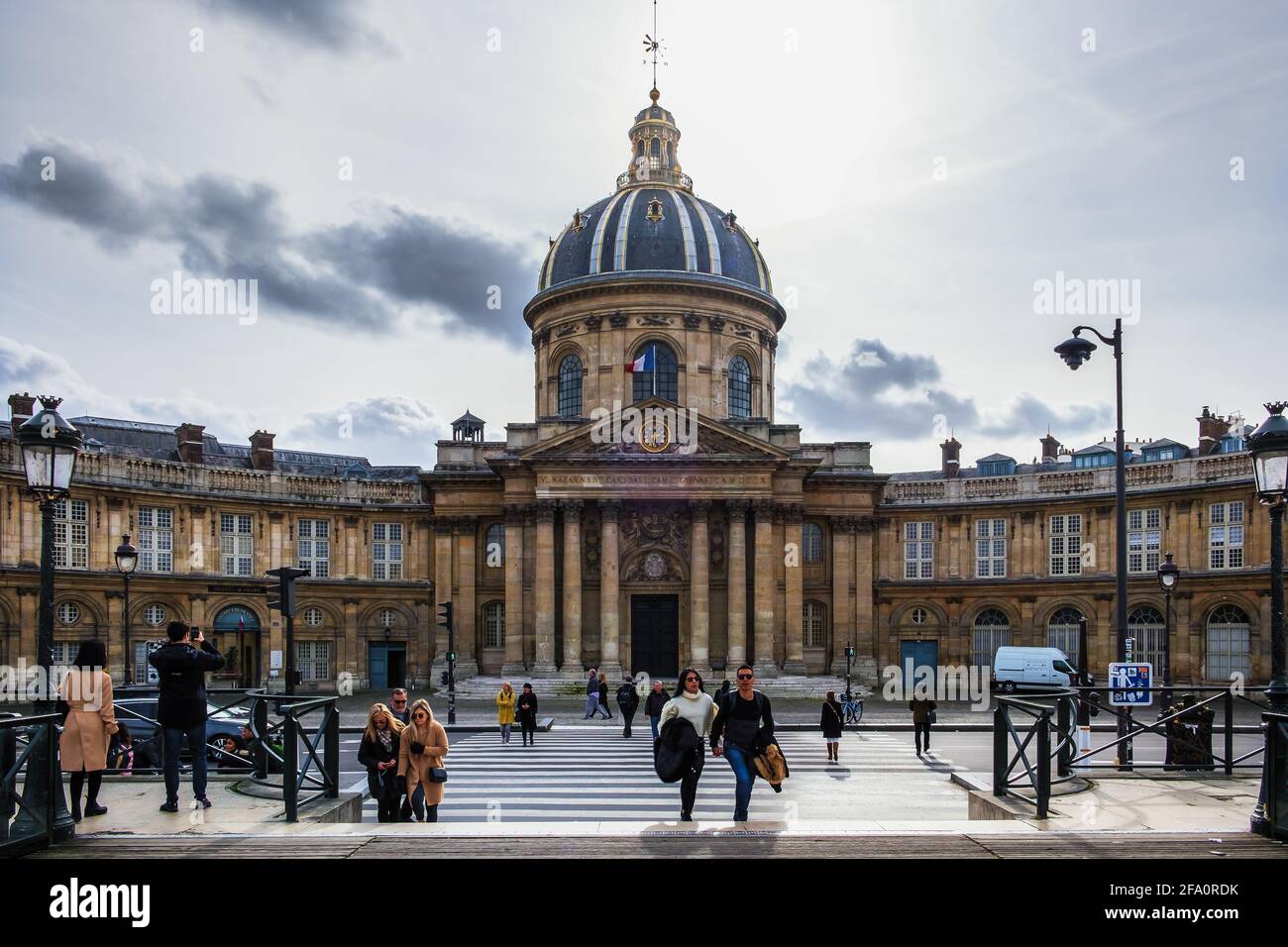 Paris, France, Feb 2020, urban scene by the Academie Francaise on the Rive Gauche, the southern bank of the river Seine Stock Photo