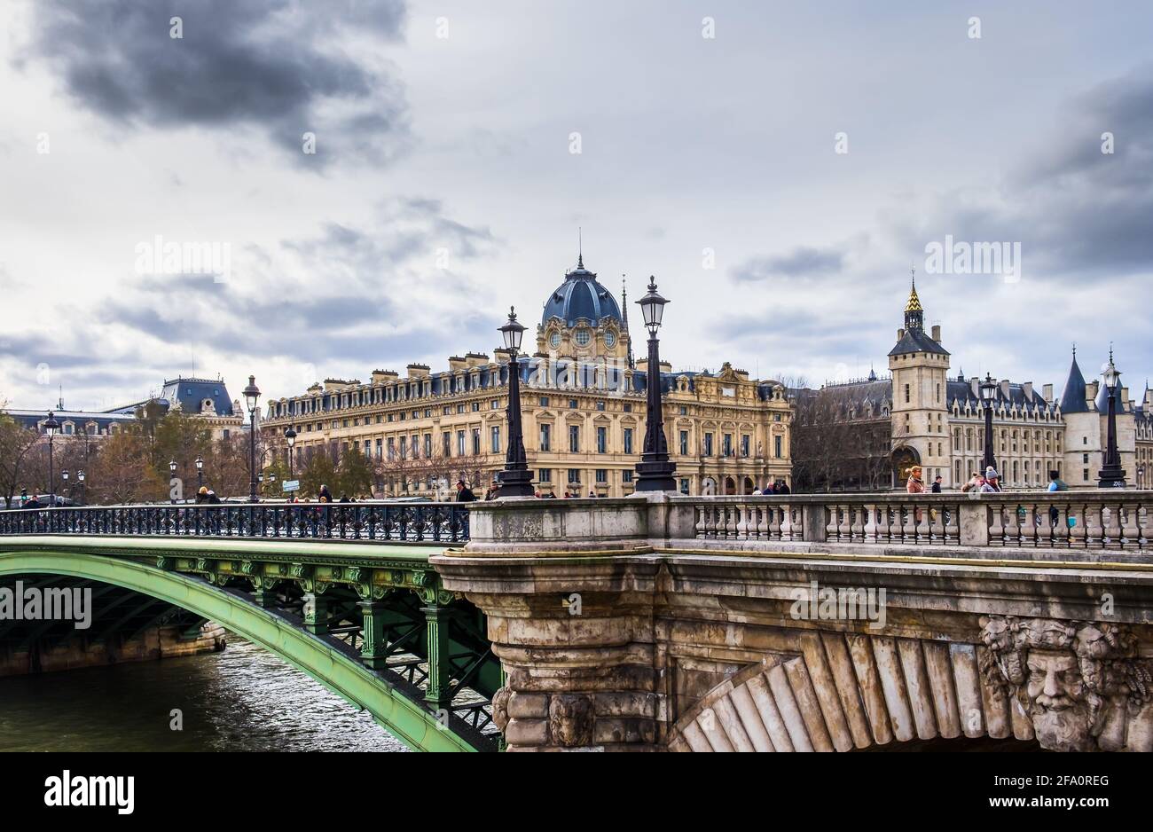Paris, France, Feb 2020, view of Notre-Dame bridge spanning over the Seine river Stock Photo
