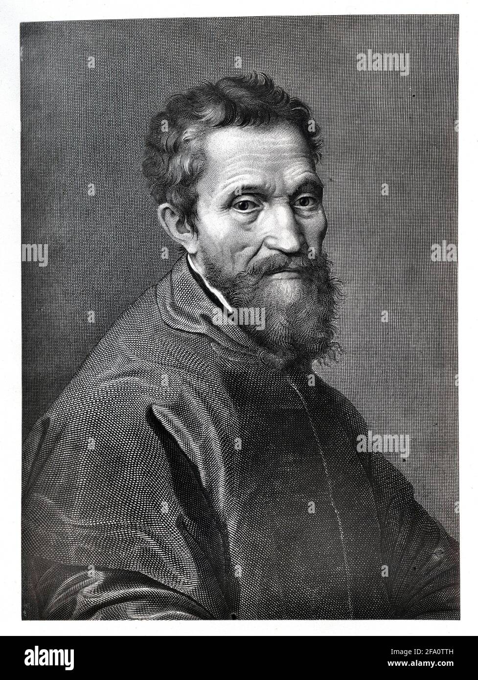 Engraving after self-portrait by Michelangelo Buonarroti (1475 - 1564). Etching by Alphonse François (1814 - 1888) and published in 'Michael Angelo Buonarroti' by Charles Christopher Black, 1875. Stock Photo