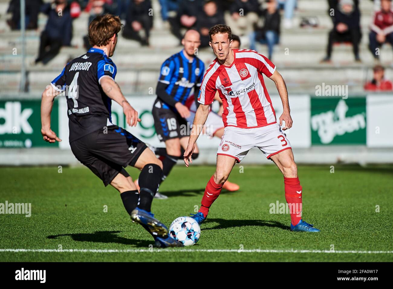 View of Aalborg, Denmark. 21st Apr, 2021. Jakob Ahlmann (3) of AAB seen during ...