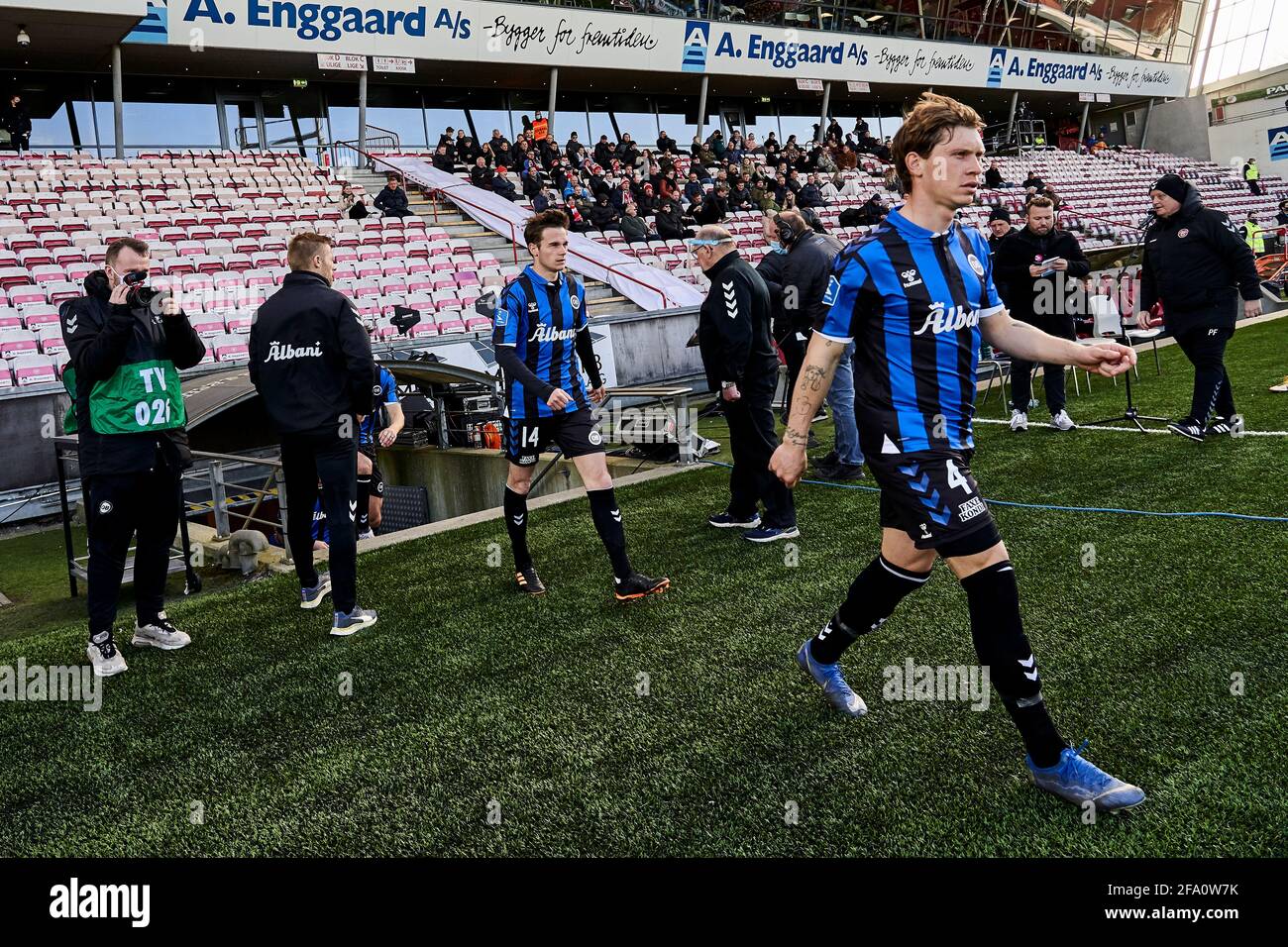 Picture of Aalborg, Denmark. 21st Apr, 2021. The players of Odense Boldklub enter ...