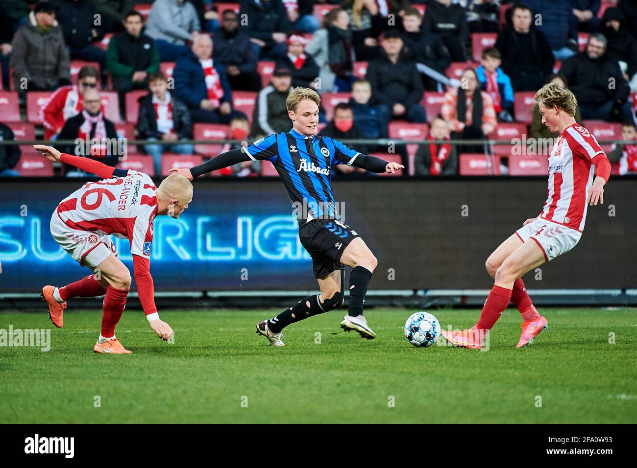 View of Aalborg, Denmark. 21st Apr, 2021. Max Fenger (15) of Odense Boldklub ...