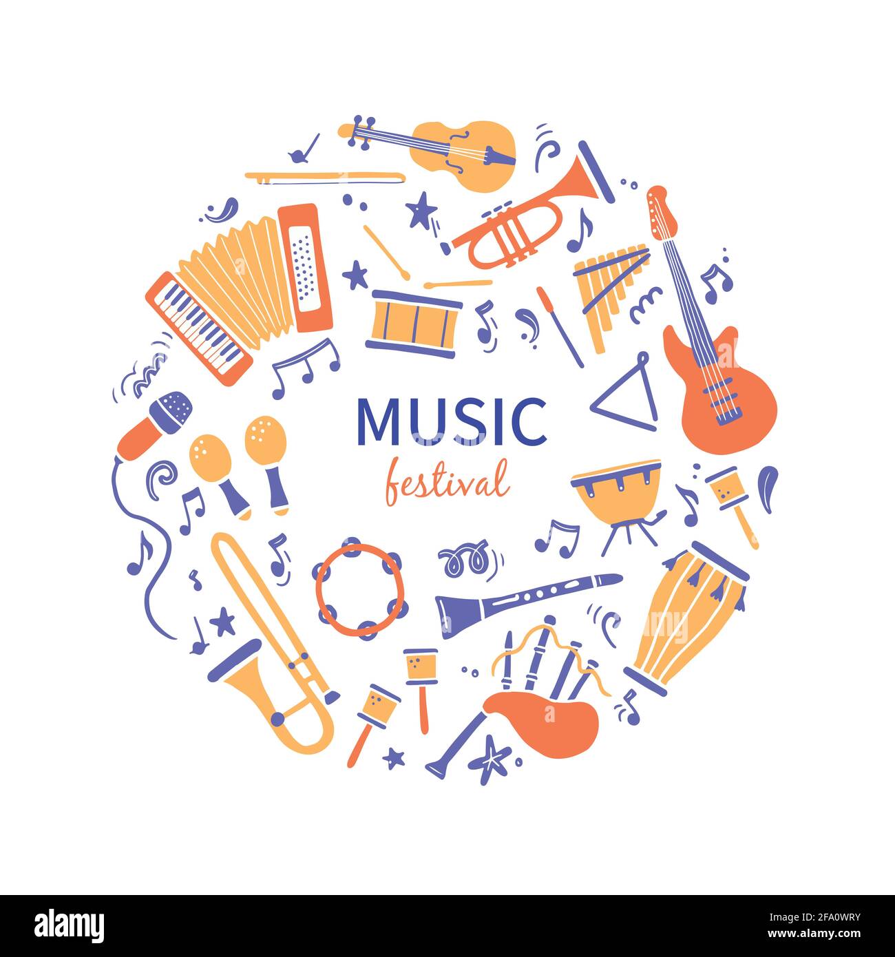 Hand drawn set of different types musical instrument, guitar, saxophone. Doodle sketch style. Isolated vector illustration for music shop icon, musical instrument store, music course, background Stock Vector