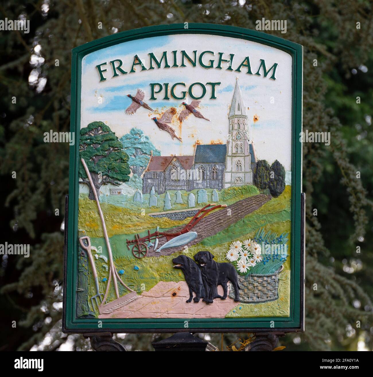 Painted village sign at Framingham Pigot in Norfolk, UK Stock Photo