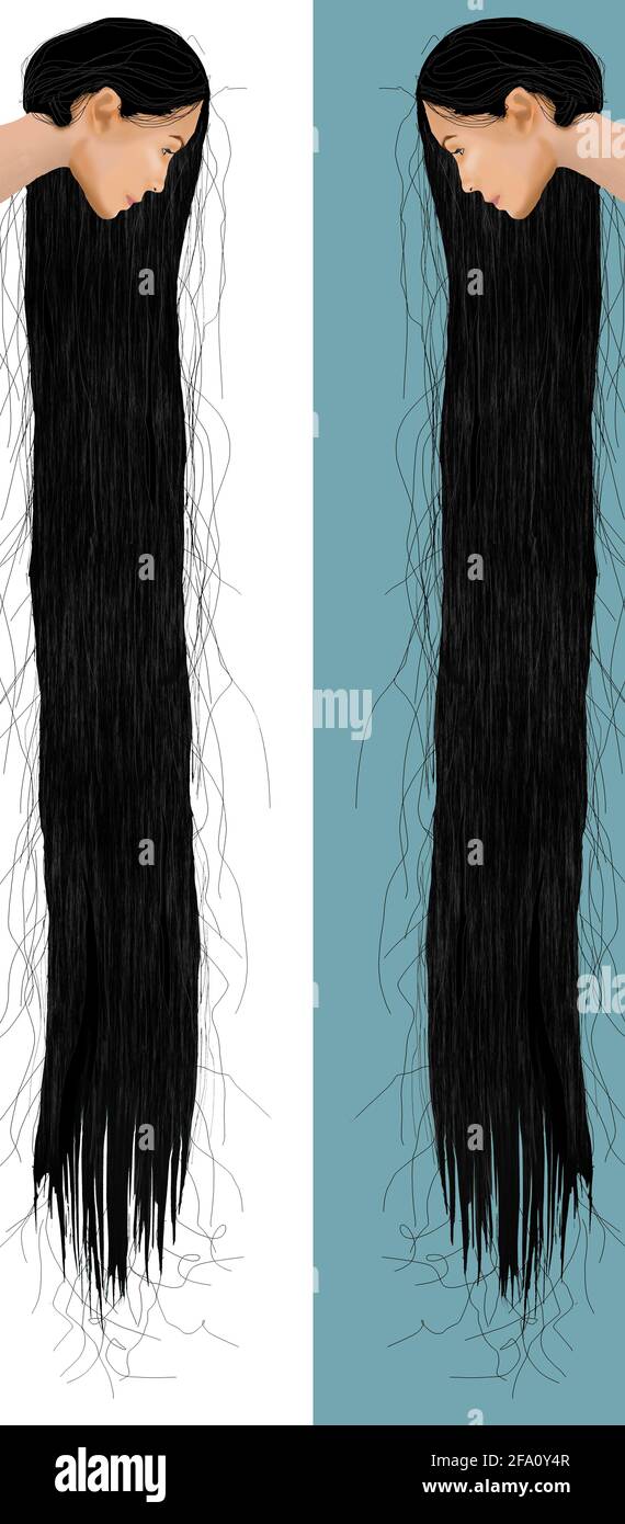 Frizzy tangled hair is seen on a girl with very long hair in this 3-d illustration about hair care. Stock Photo