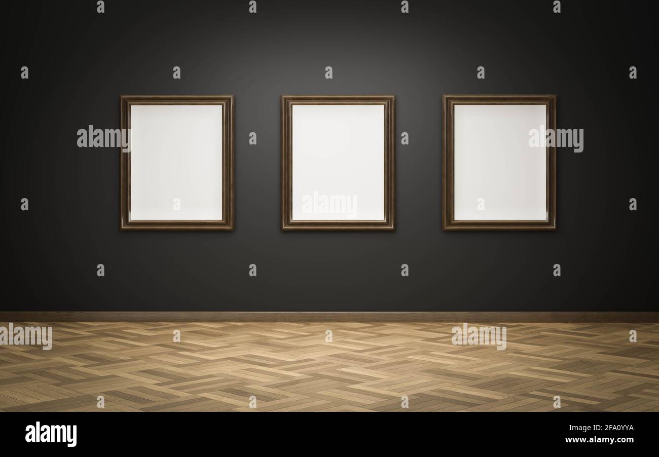 empty blank picture frames in art gallery exhibition on dark wall and ...