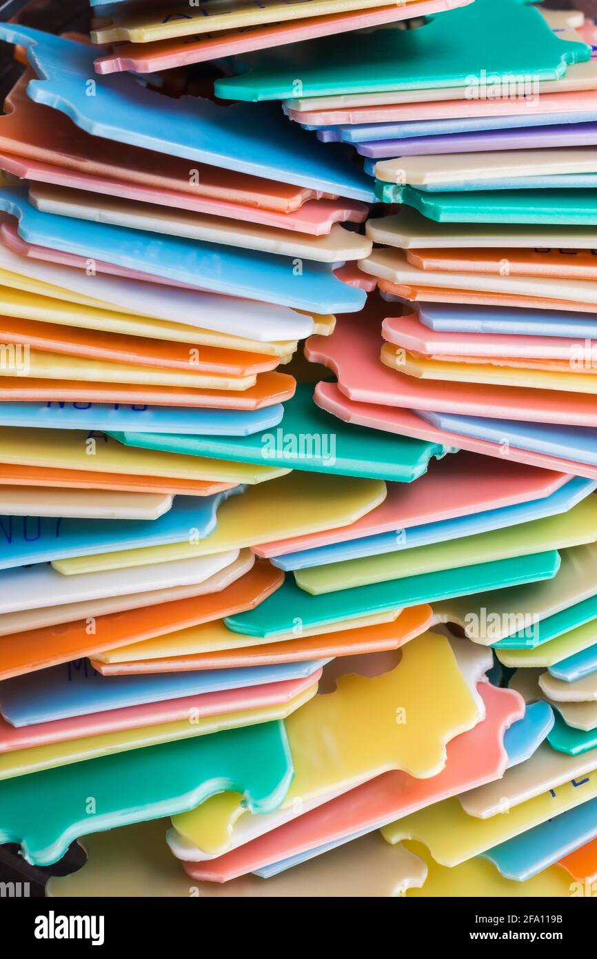 Stacked colorful plastic bread clips Stock Photo Alamy