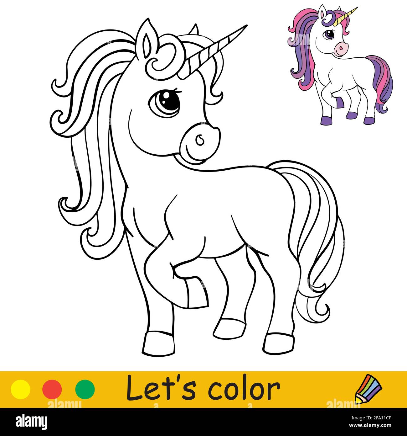 Cute standing cartoon unicorn. Coloring book page with colorful ...
