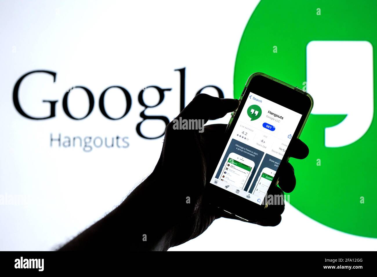 Spain. 20th Apr, 2021. In this photo illustration a Google Hangouts app in App Store seen displayed on a smartphone with the Google Hangouts logo in the background. Credit: Thiago Prudencio/SOPA Images/ZUMA Wire/Alamy Live News Stock Photo