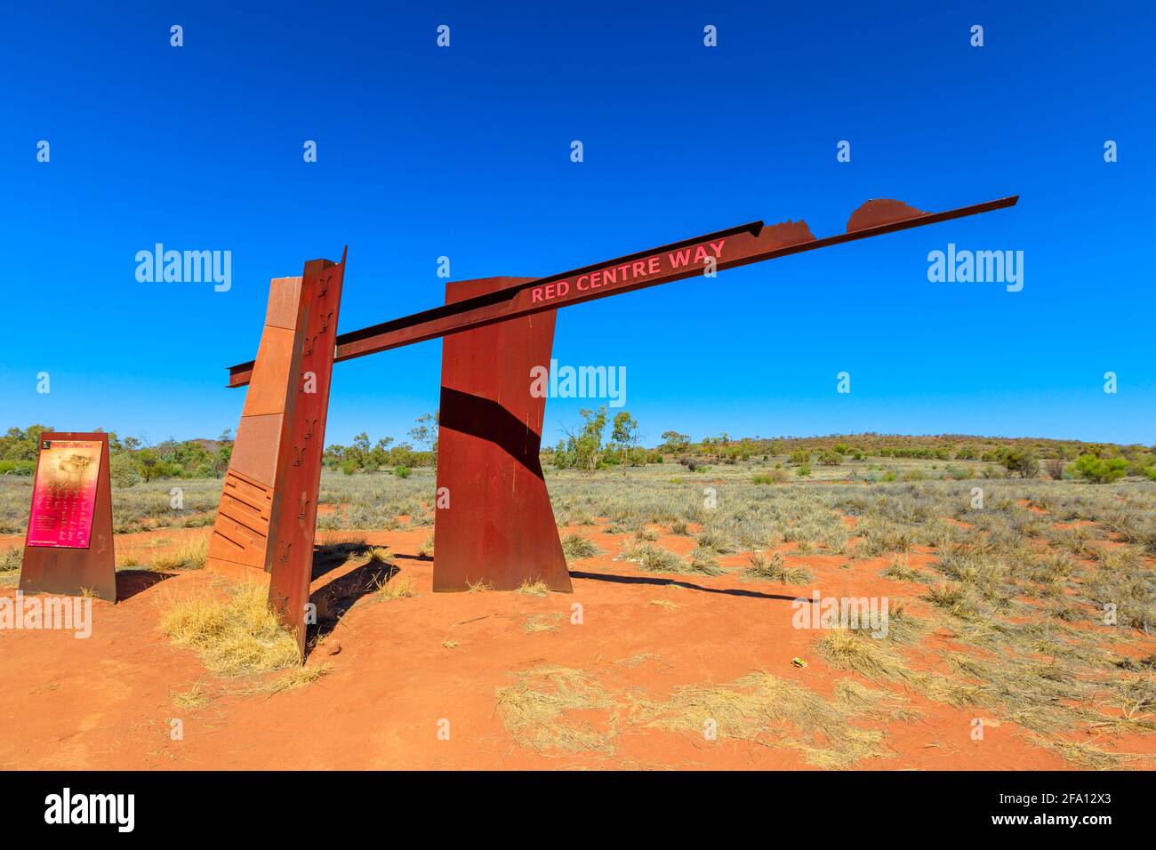 Alice Springs, Northern Territory Outback, Australia - Aug 16, 2019: Red Centre Way sign on Larapinta drive Highway of Alice Springs. Tourism in Stock Photo
