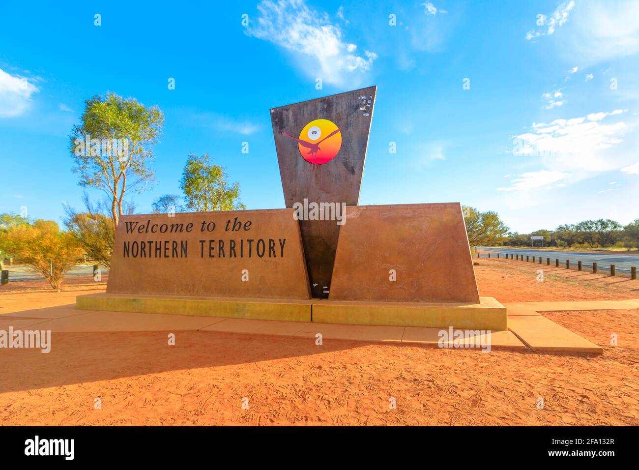 Northern Territory Outback, Australia - Aug 27, 2019: border sign between Australian states, Northern Territory and South Australia on A87 Stuart Stock Photo