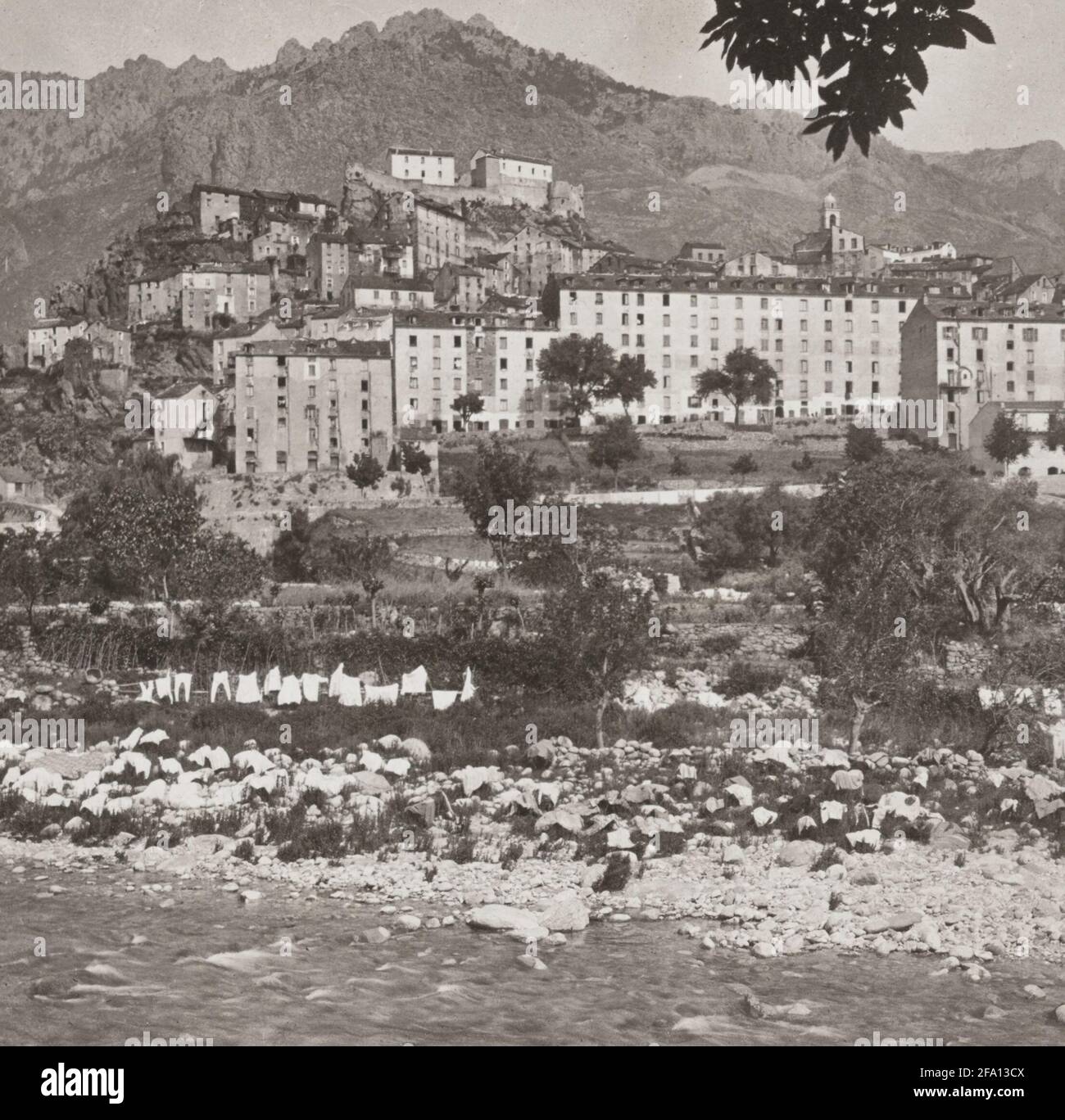 The River Tavignano and picturesque Corte, Corsica, circa 1907 Stock Photo