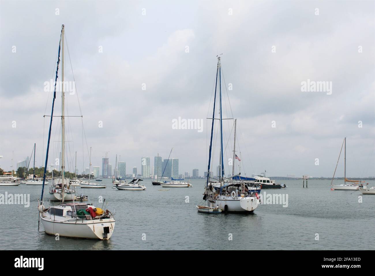 Sailboats anchored on the bay in Miami Beach, Florida. Stock Photo