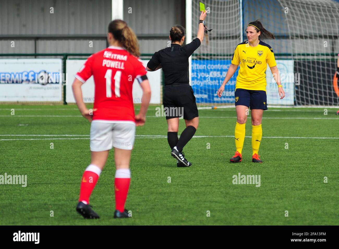 oxford, uk. 18th apr, 2021. gemma sims (3 oxford united) receives yellow card during the vitality women's fa cup fourth round game between oxford united and charlton athletic in oxford, england. credit: oxford, uk. 18th apr,