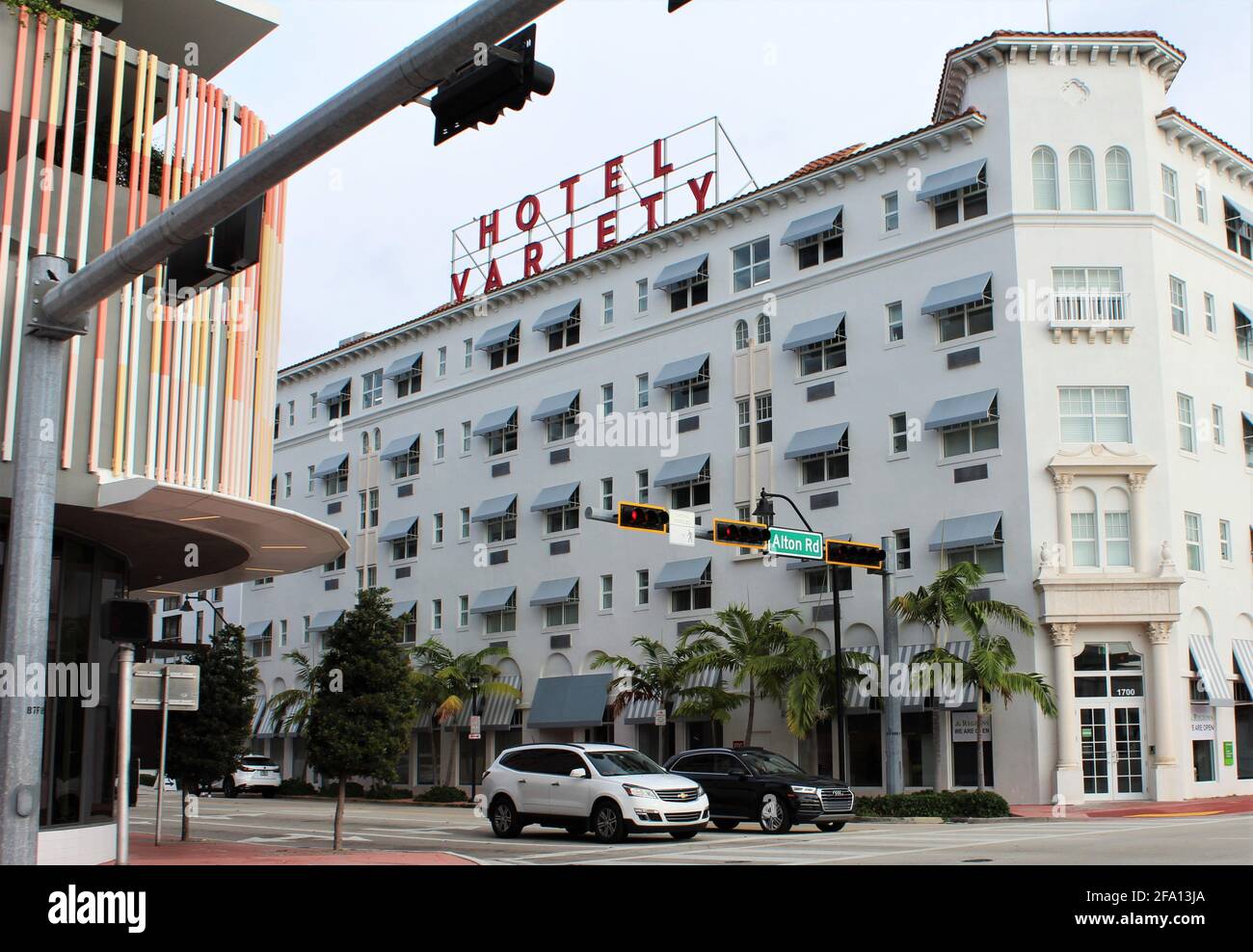 The Variety Hotel in Miami Beach, Florida. Located on Alton Road by South Beach. Century-old historic building in the heart of South Beach. Stock Photo
