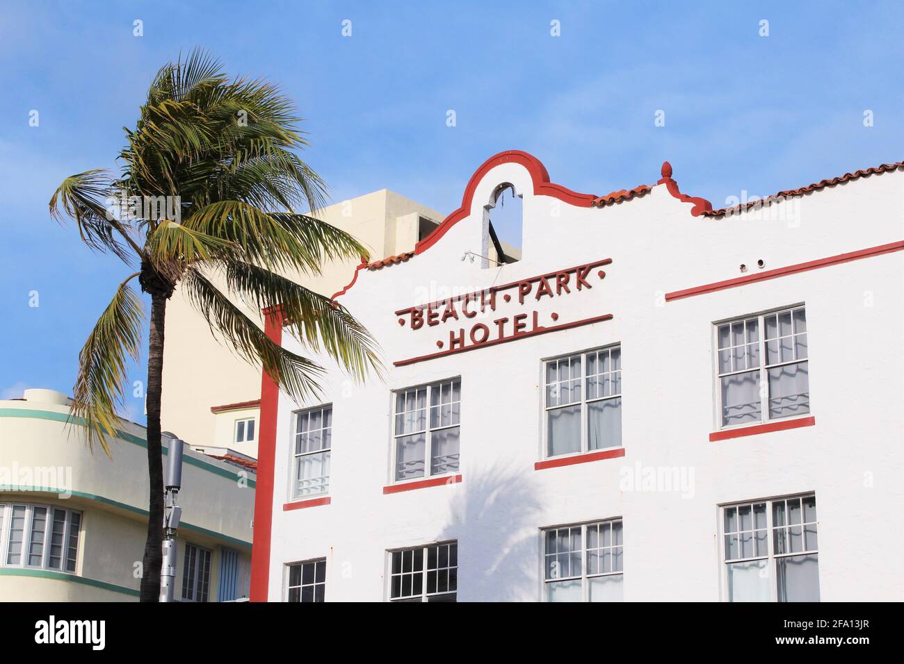 The Beach Park Hotel in Miami Beach, Florida. Located on Ocean Drive on South Beach. Stock Photo