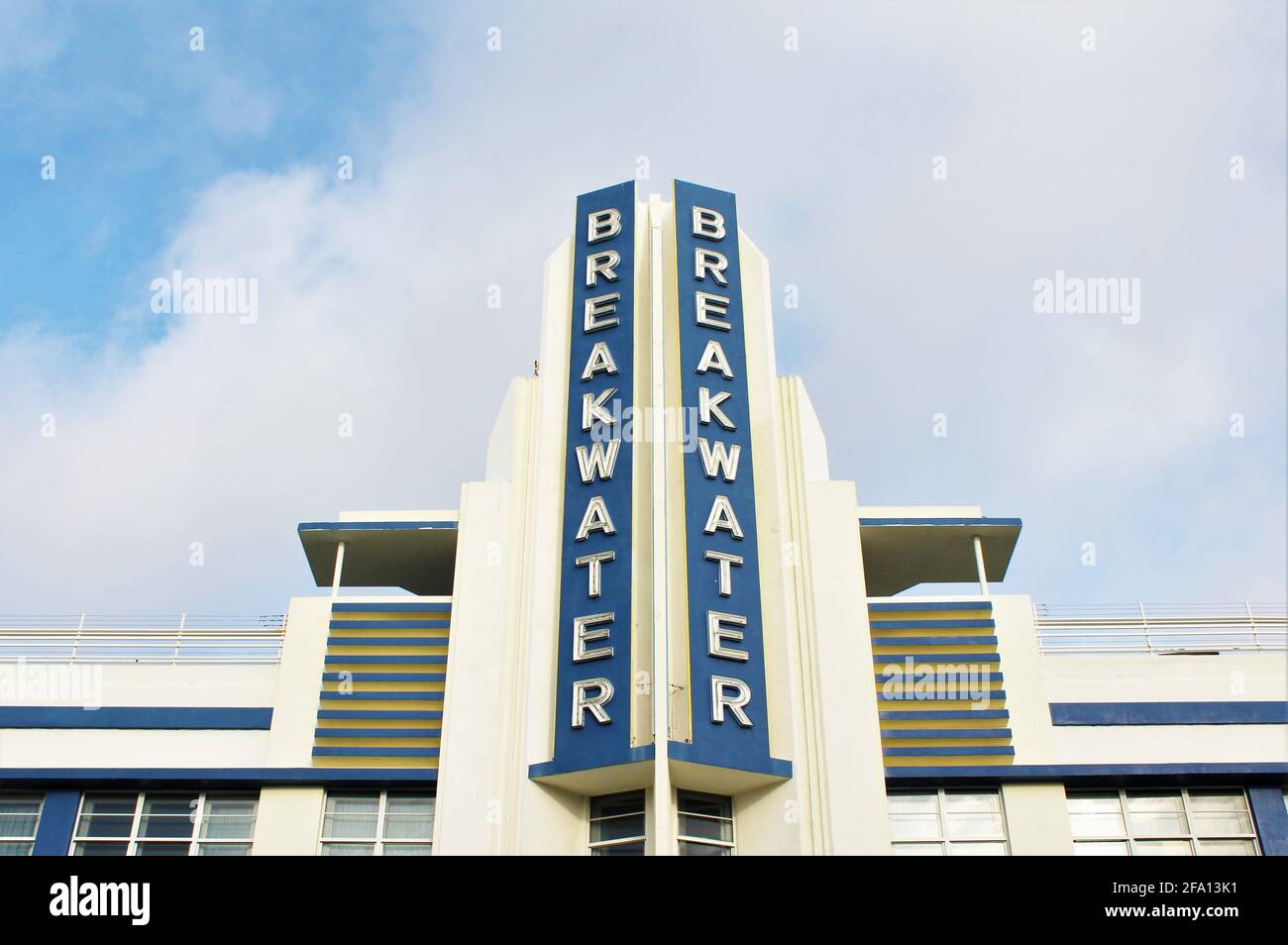 Exterior of the top of the Breakwater Hotel on Ocean Drive, City of Miami Beach, Florida, in the Art Deco District of South Beach. Stock Photo
