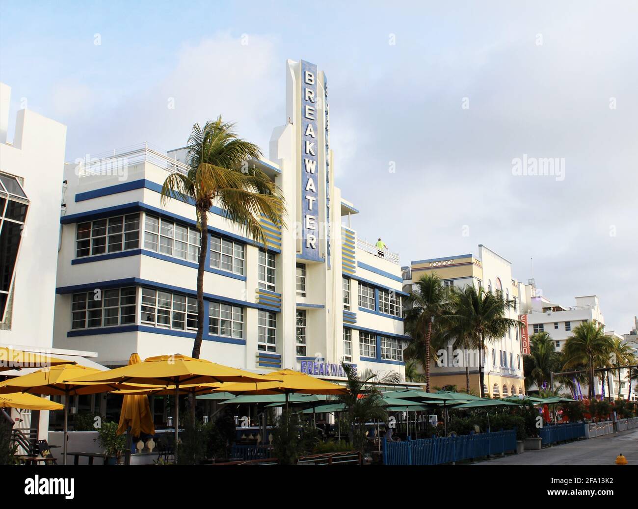 Exterior of the Breakwater Hotel on Ocean Drive, City of Miami Beach, Florida, in the Art Deco District of South Beach. Stock Photo