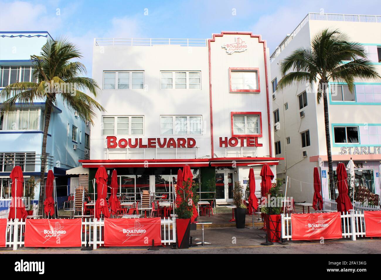 Exterior of the Boulevard Hotel on Ocean Drive, City of Miami Beach, Florida, in the Art Deco District of South Beach. Stock Photo