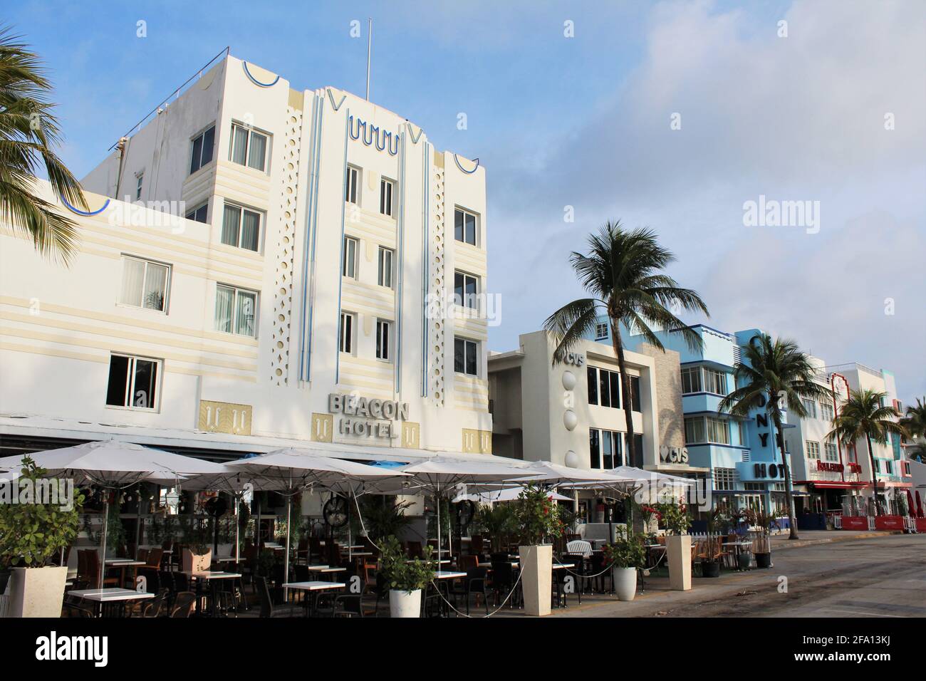 Exterior of the Beacon South Beach Hotel on Ocean Drive, City of Miami Beach, Florida in the Art Deco District. Also located here is The Place Restaurant Stock Photo