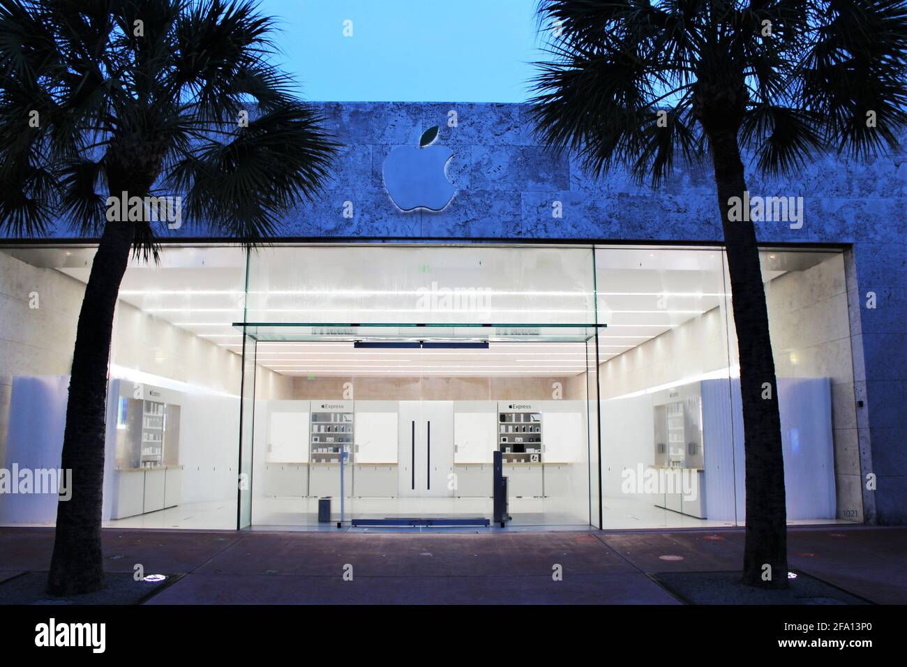 Lincoln Road Apple Store at early morning time. Apple is a major technology company based in California. Empty apple store. Stock Photo