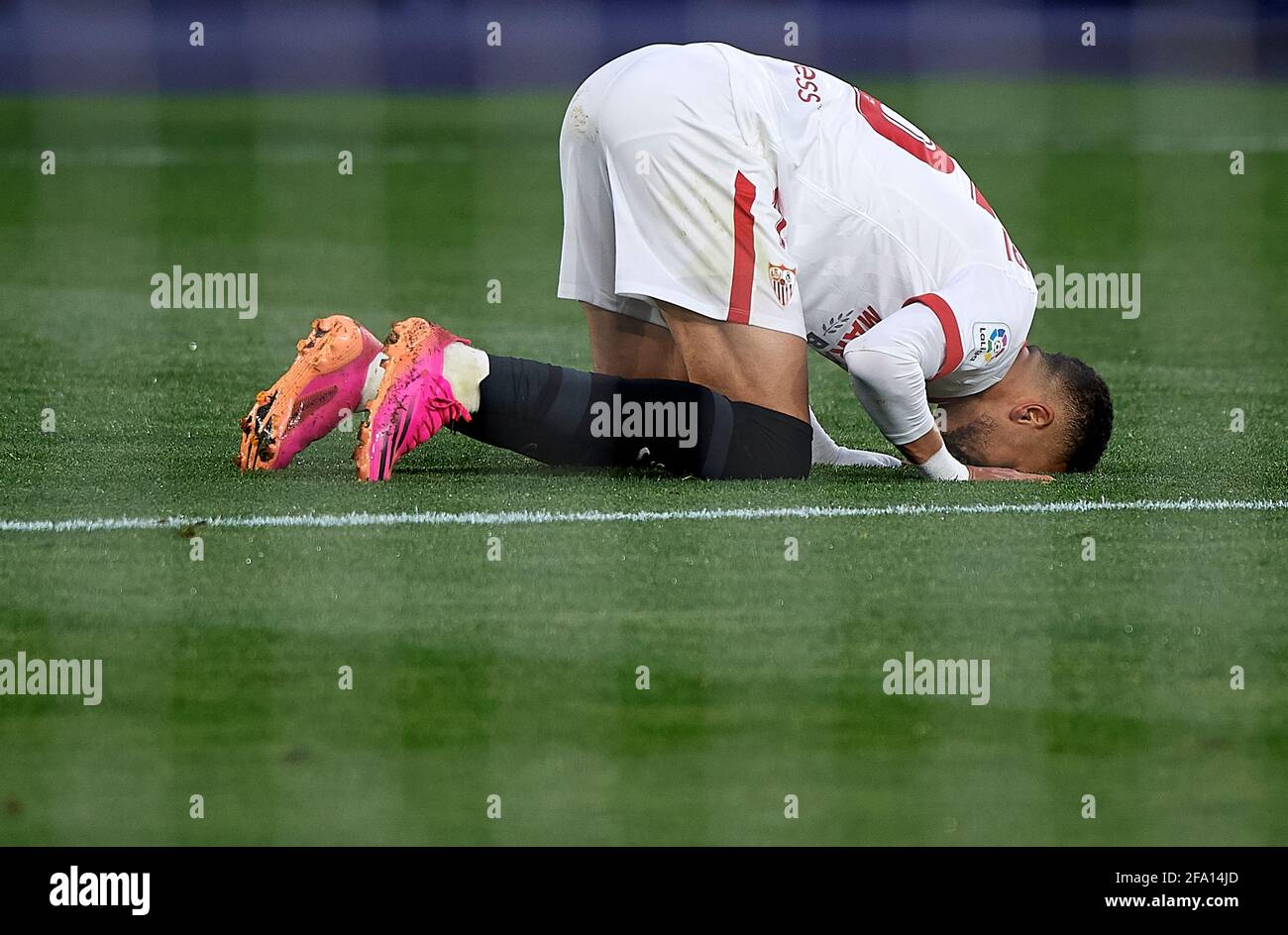 Valencia, Spain. 21st Apr, 2021. Youssef En-Nesyri of Sevilla celebrates during a Spanish League football match between Levante UD and Sevilla CF in Valencia, Spain, on April 21, 2021. Credit: Pablo Morano/Xinhua/Alamy Live News Stock Photo