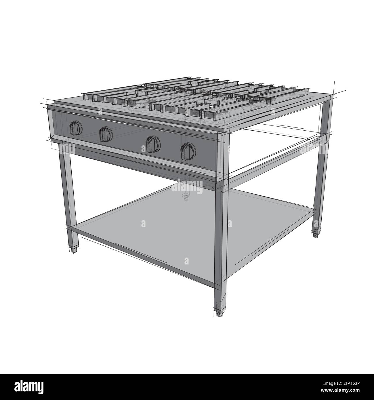 Technical drawing of a restaurant cooker in an architectural style. Schematic vector illustration of commercial kitchen roaster on white background Stock Vector