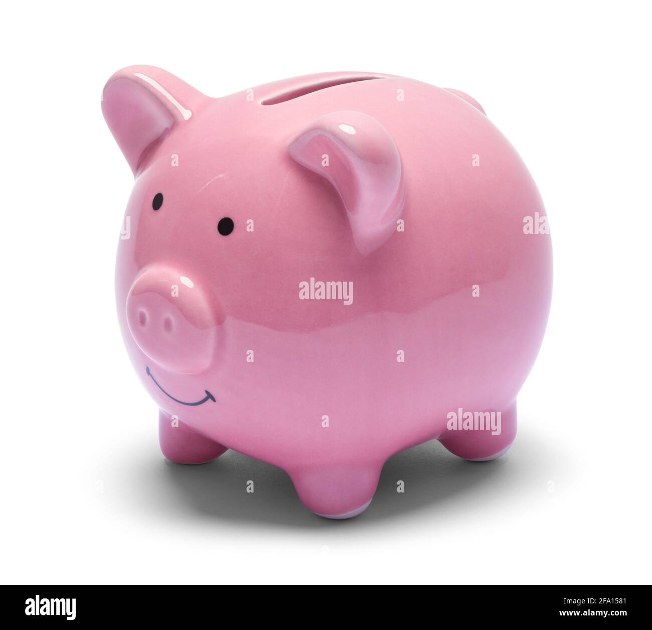 Pink Ceramic Piggy Bank with Smile Cut Out. Stock Photo