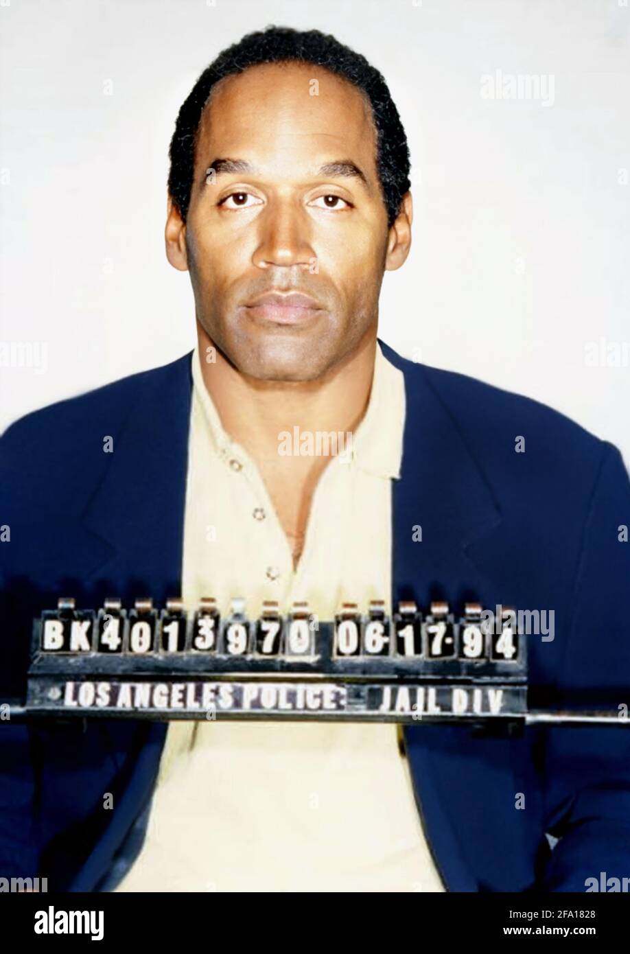 1994 , 17 june , Los Angeles , California , USA :The famous footbal player , actor and killer O.J. SIMPSON ( Orenthal James , born in San Francisco , 1947 ), MUG SHOT after the arrest at Los Angeles Police Department Jail Division . He is now best known for being tried for the murders of his former wife, Nicole Brown Simpson, and her friend, Ron Goldman. Simpson was acquitted of the murders in criminal court, but was later found responsible for both deaths in a civil trial . Unknown photographer . - MUGSHOT - Mug-Shot - OUTLAWS - KILLER - ASSASSINO - delinquente - criminalità - UXORICIDA - CRO Stock Photo