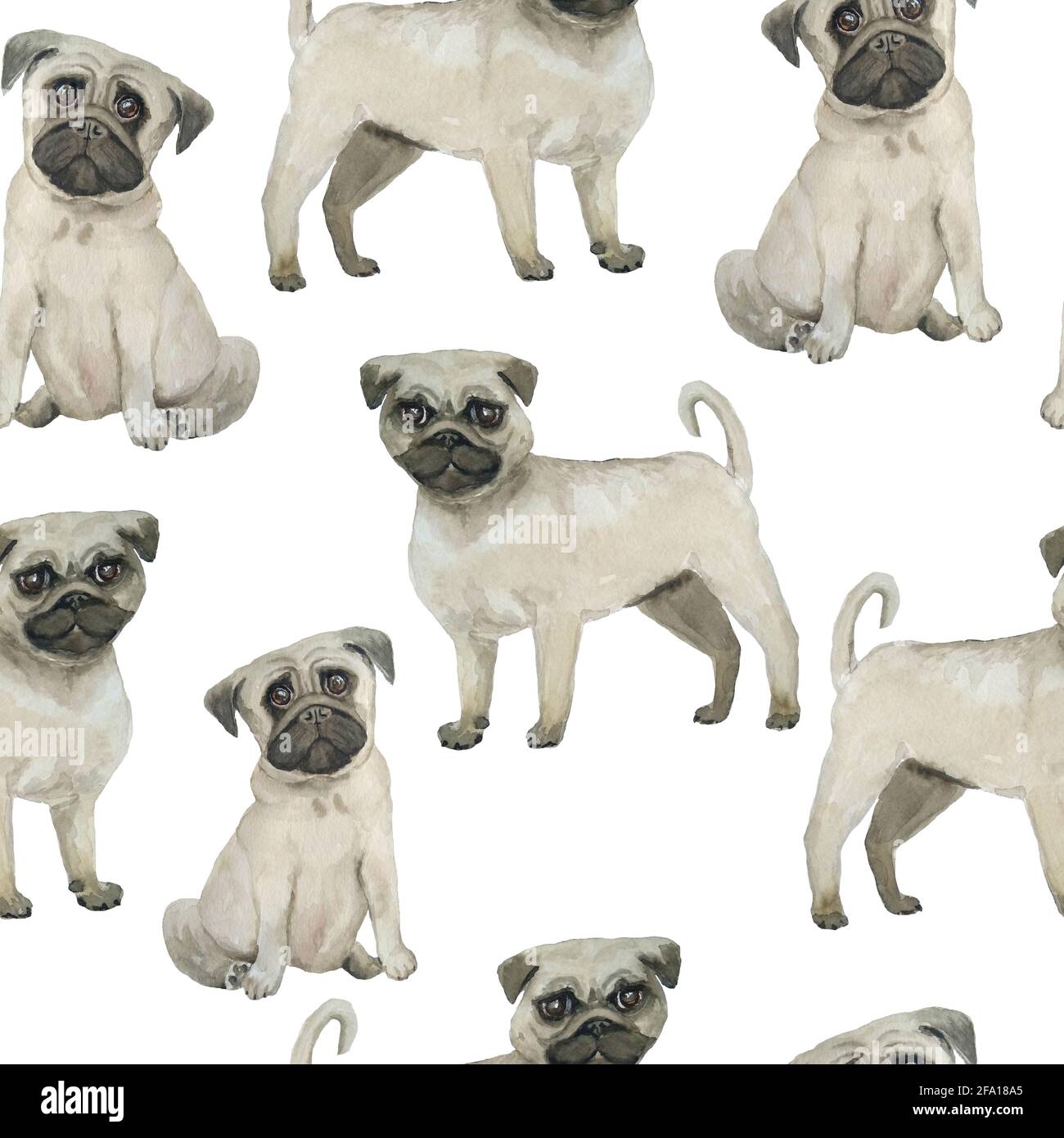 Watercolor seamless hand drawn pattern with pugs dogs breed isolated on  white background. Funny cute cartoon pet animals for textile wrapping paper  background texture. Trendy nursery print for kids Stock Photo -
