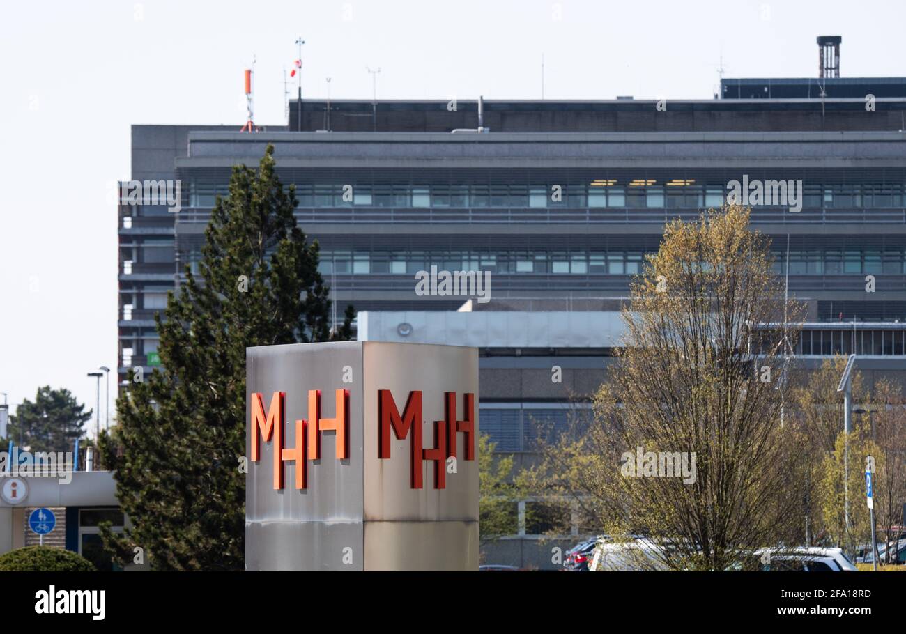 Hanover, Germany. 20th Apr, 2021. A sign stands at the main entrance of the Hannover  Medical School (MHH). The MHH is to be rebuilt in stages over the next few  years at