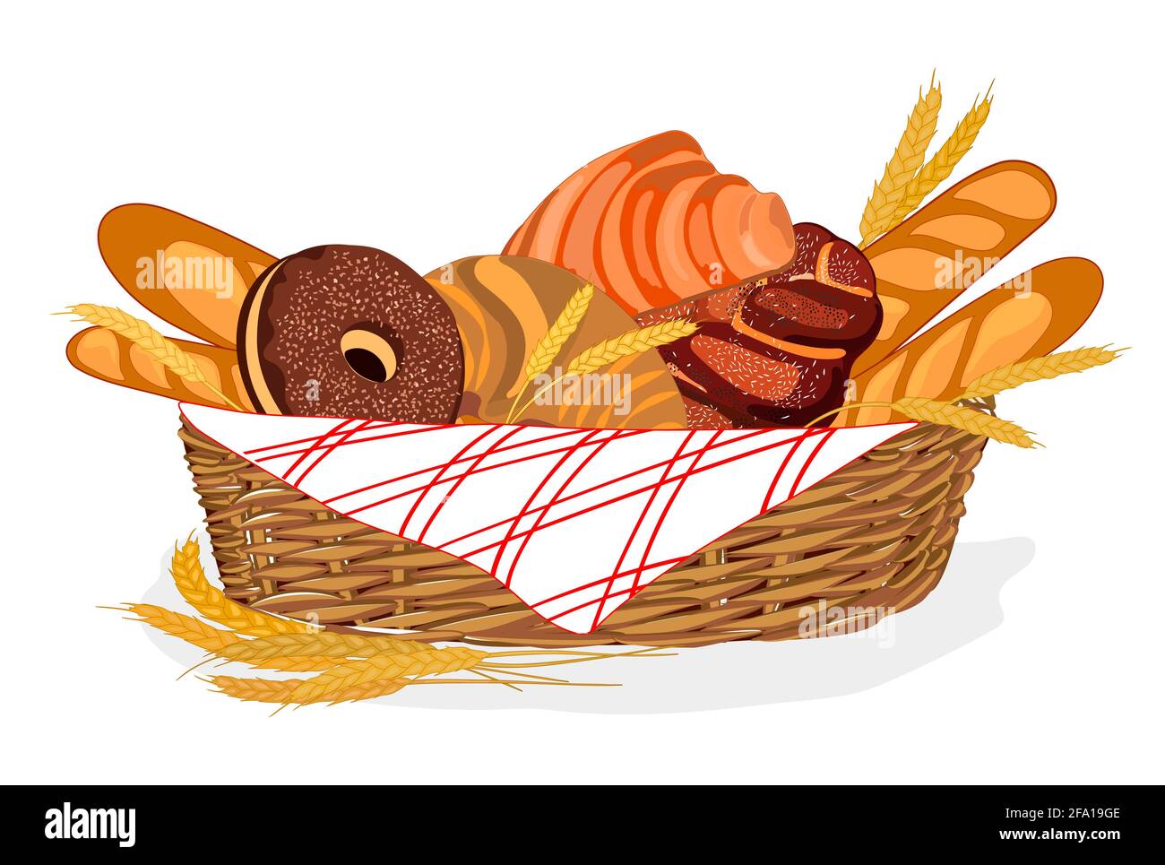 Bakery basket. Fresh, sweet bread in the basket. Illustration Stock