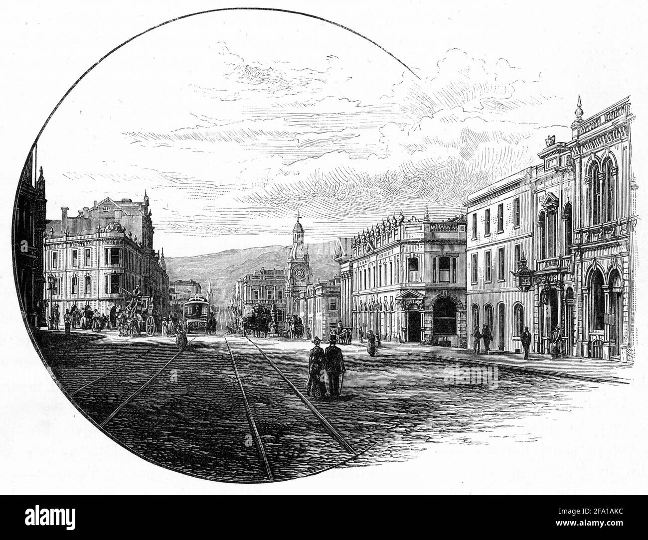 Engraving of Princes Street, Dunedin, New Zealand, circa 1890 Stock Photo