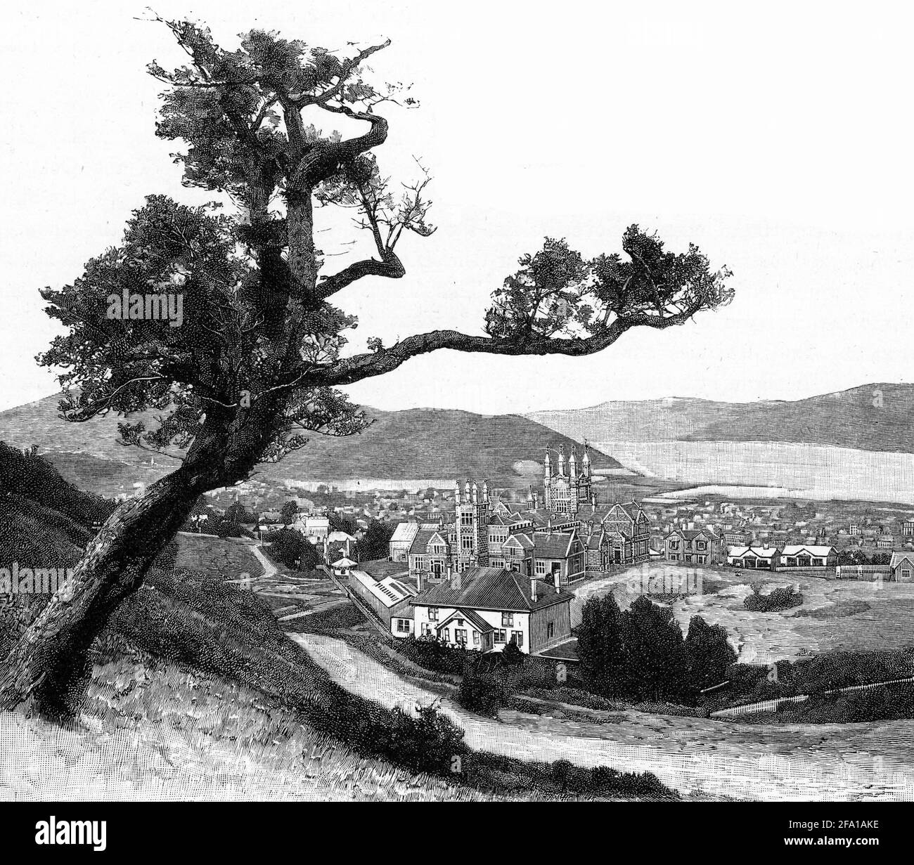Engraving of Dunedin High School from the suburb of Roslyn, New Zealand, circa 1890 Stock Photo