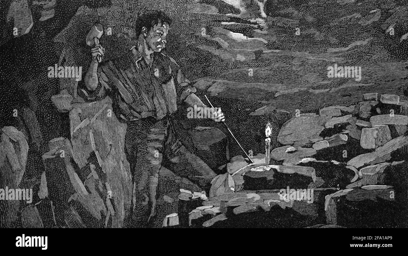 Engraving of a miner working underground by the light of a candle, circa 1879. Generic image for any country or type of mineral. Stock Photo