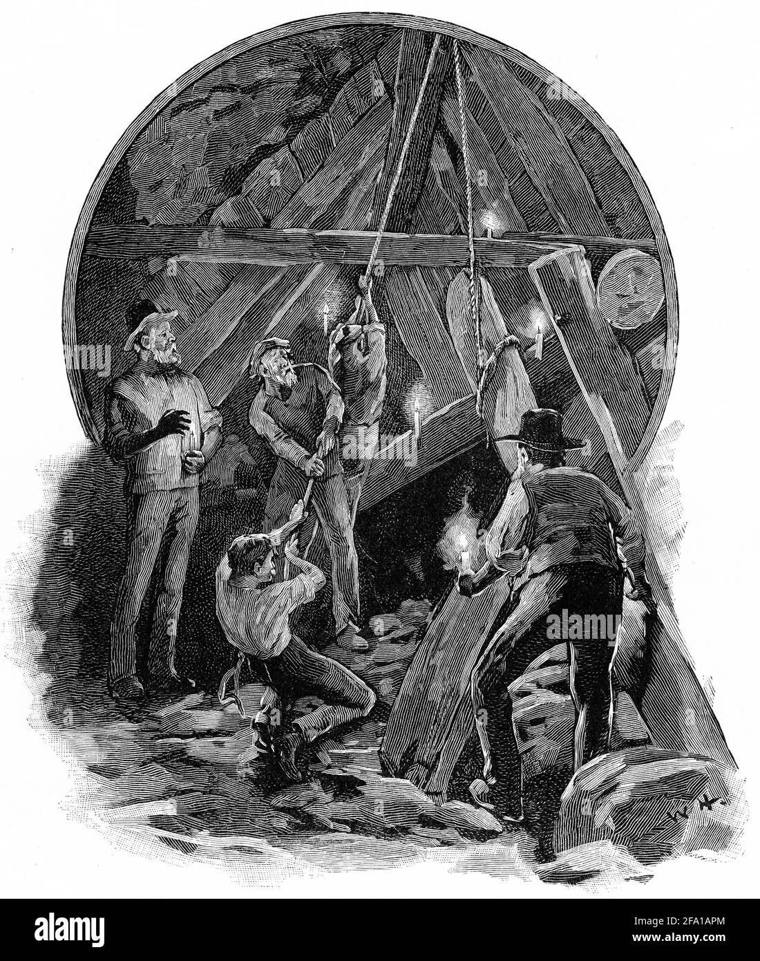 Engraving of a team of gold miners timbering their mine Stock Photo