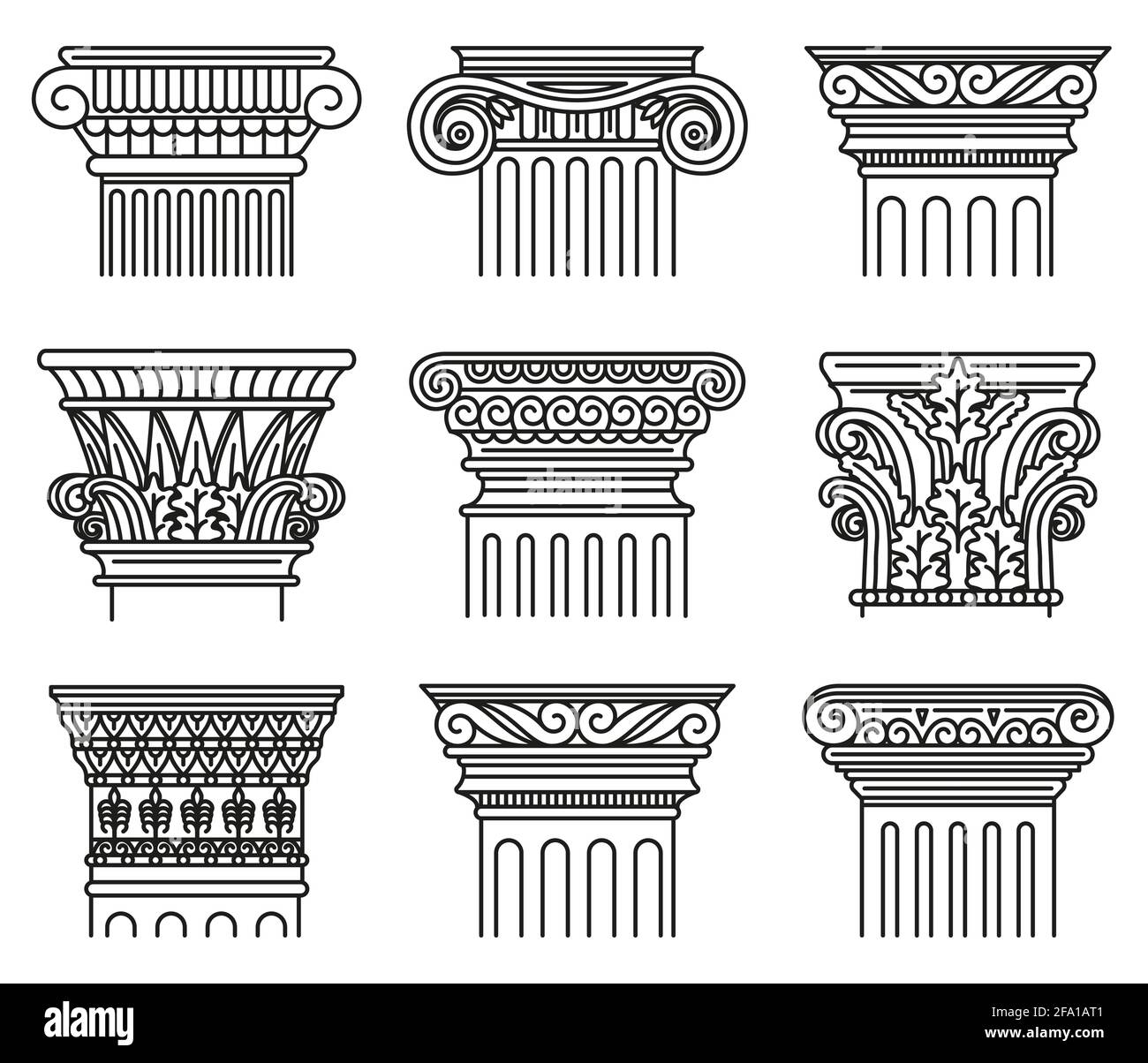 Ancient greek capitals. Architectural orders, ionic and doric antique classical capitals isolated vector illustration set. Greek and roman engraved Stock Vector