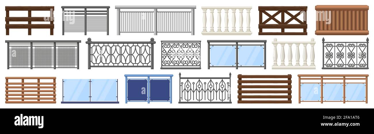Balcony railing. Metal, wooden and stone decorative balcony fences, terrace fencing isolated vector illustration set. Home facade balcony elements Stock Vector