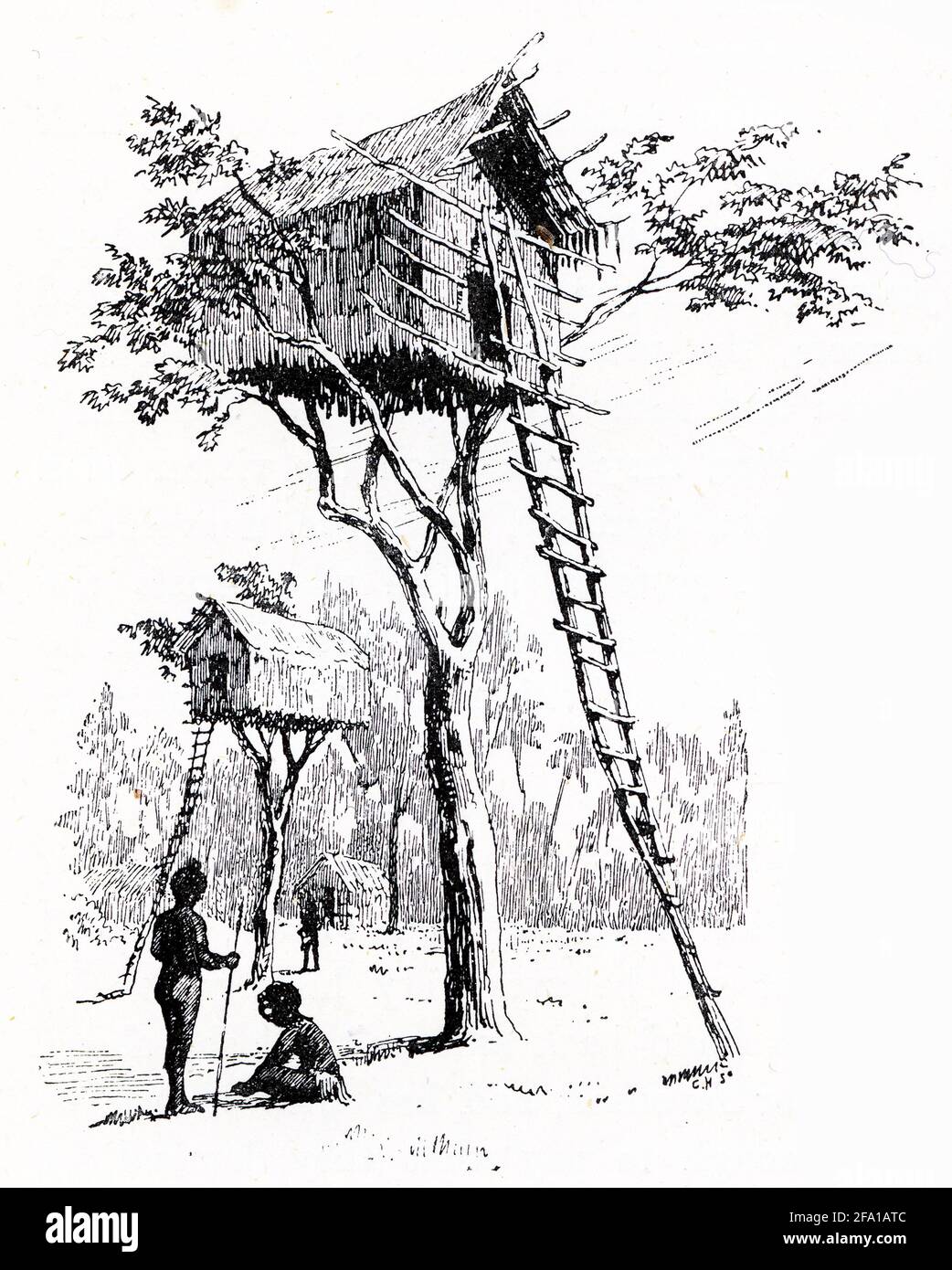 Engraving of a tree house in Papua New Guinea Stock Photo