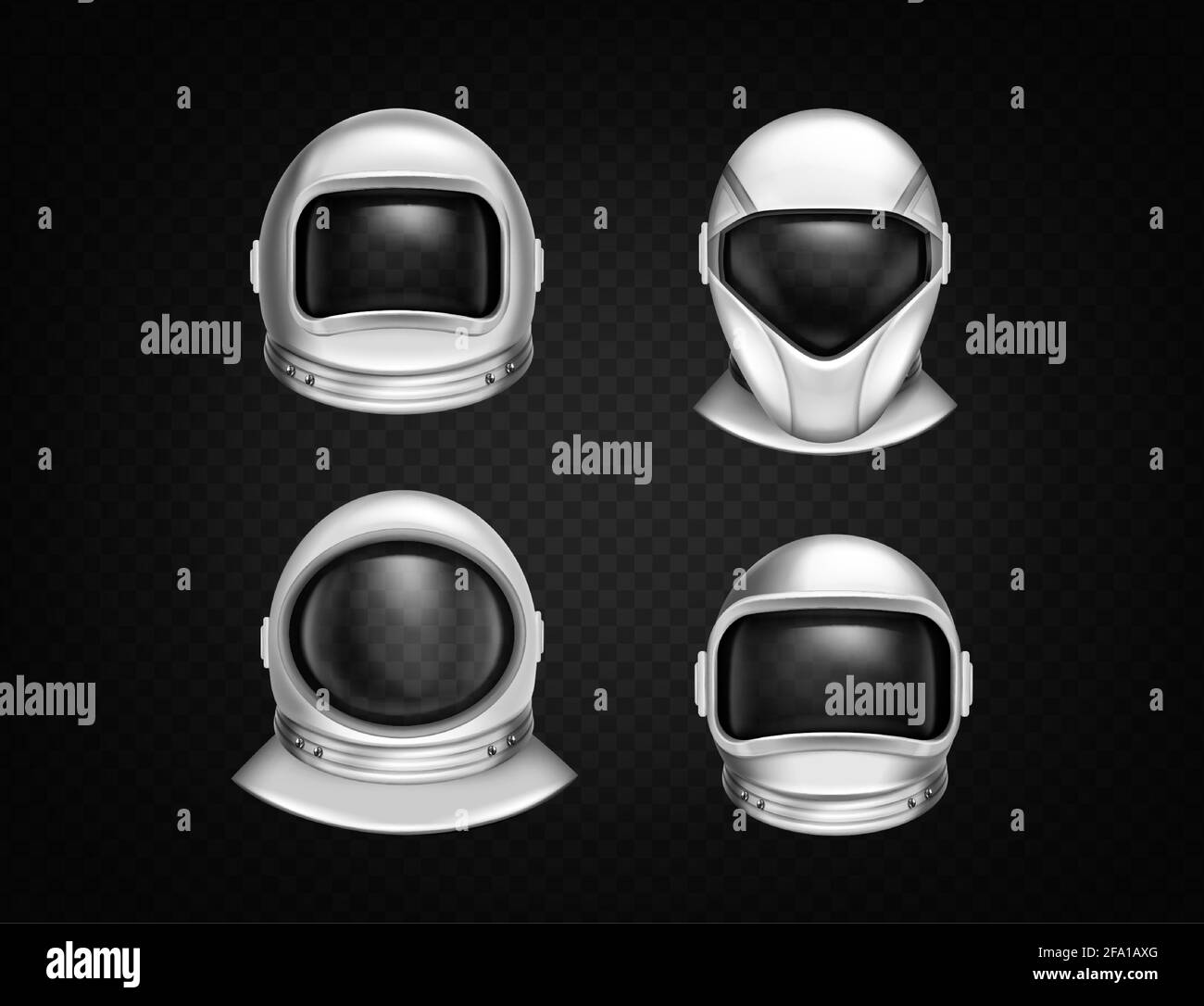 Astronaut helmets for space exploration and flight in cosmos. Cosmonaut mask with clear glass different shapes. Vector realistic set of white suit part for protection spaceman head Stock Vector