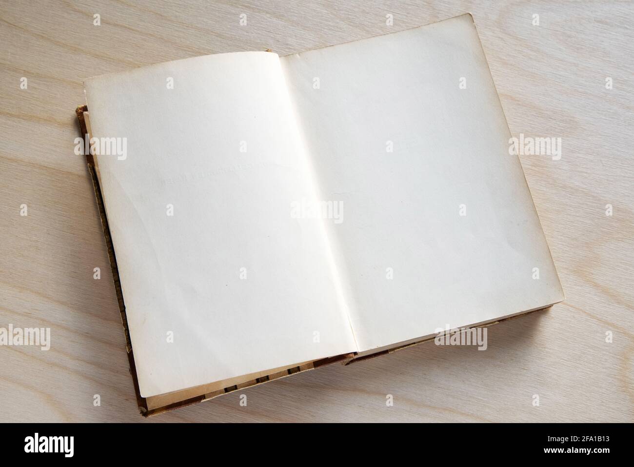 Old vintage book on wooden table. Open book with blank pages Stock Photo