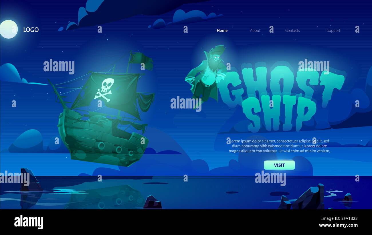Ghost ship cartoon landing page with dead pirate spirit and haunted sailing  boat glowing and soar