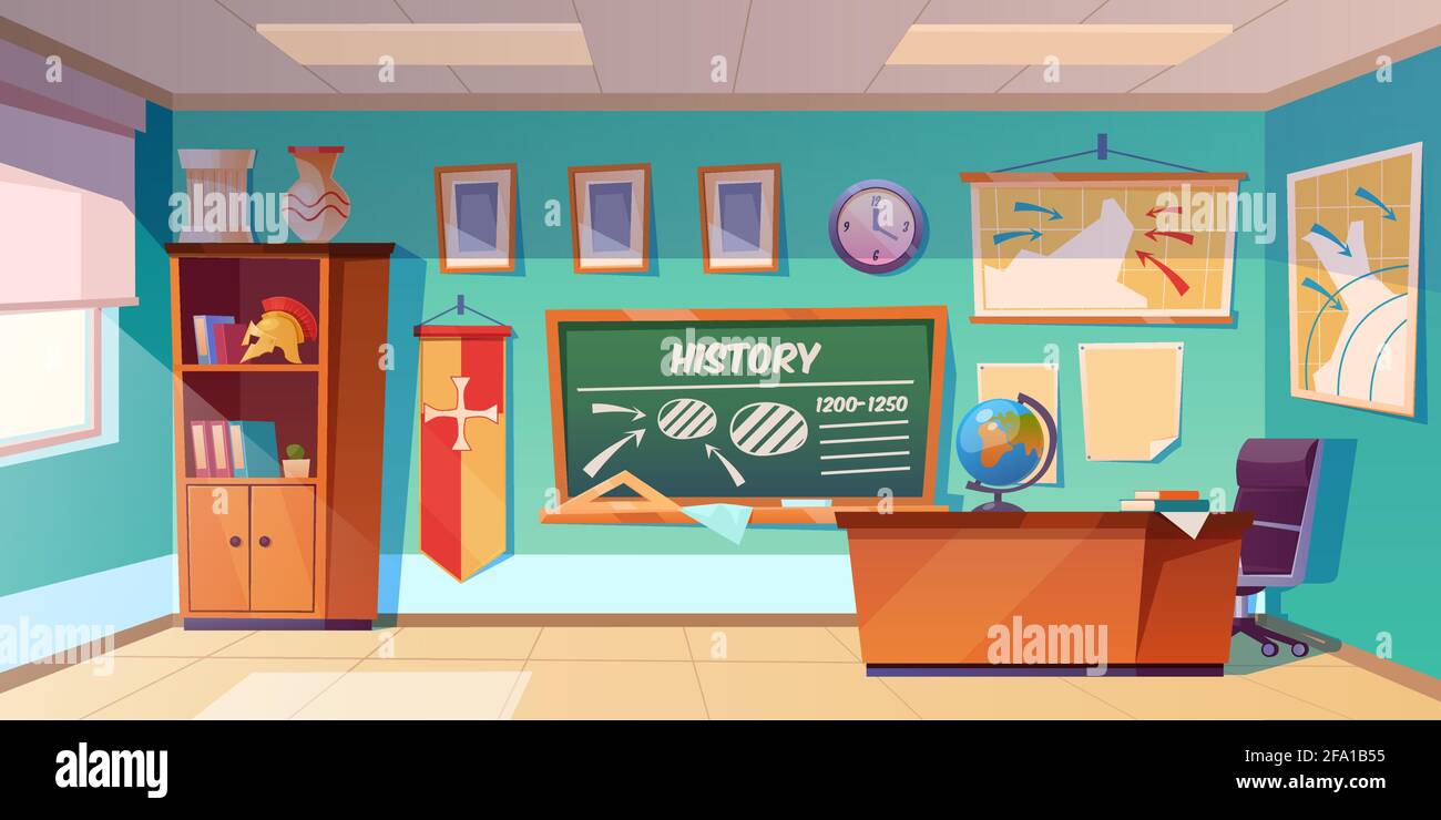 Classroom of history empty interior, school class room with teacher table, green blackboard with scheme, map and clock hanging on wall, books cupboard, studying items. Cartoon vector illustration Stock Vector