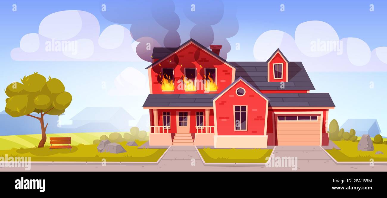 Fire in house, burning two-storey suburban cottage, flame with long tongues in real estate countryside building residential dwelling with garage. Dangerous accident at home Cartoon vector illustration Stock Vector