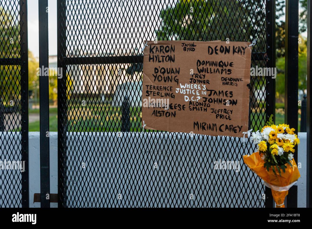 Washington, DC, USA, 21 April, 2021. Pictured A sign asking for