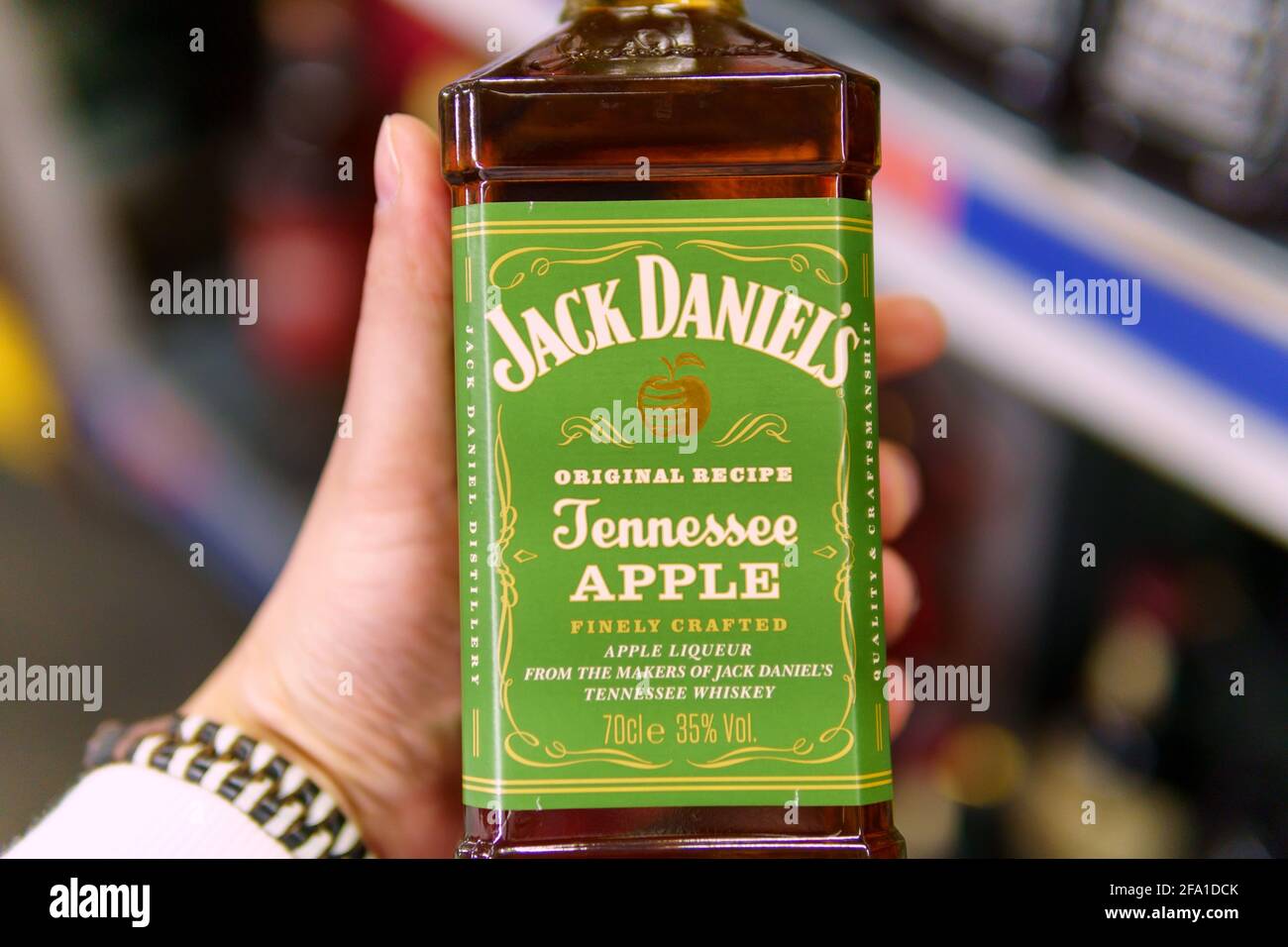 Tyumen, Russiaapril 21, 2021 Jack Daniels whiskey on the shelves of